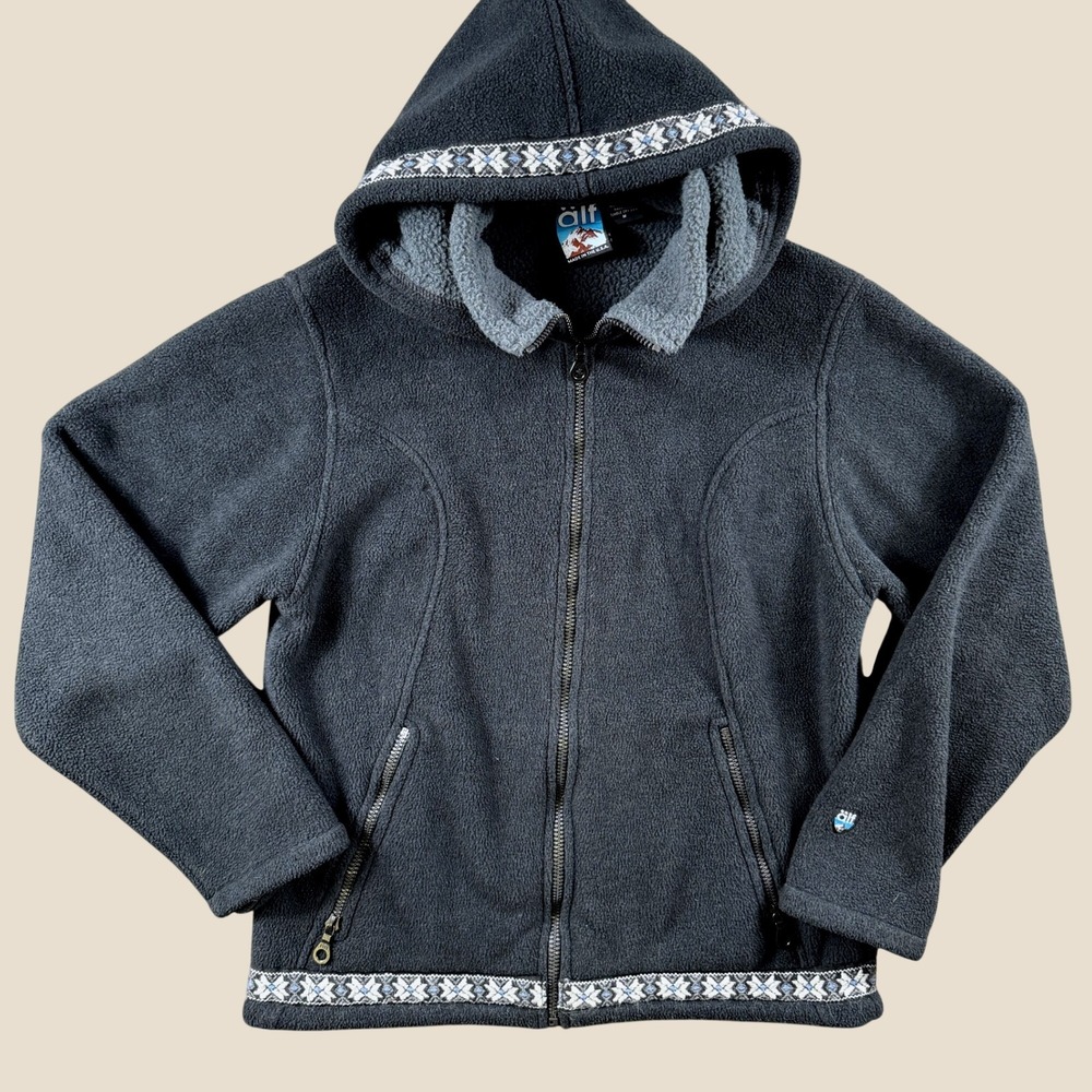 Vintage Alf Wear Fleece Jacket Hoodie Womens M Charcoal Zip Jacquard Trim Ski
